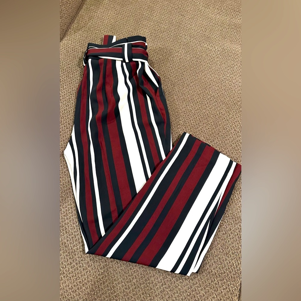 Striped High-Waist Paperbag Pants - Red, Black & White